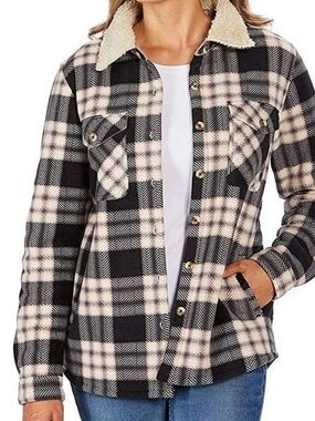 Soho Threads Sherpa Shirt Jacket Black Cream Pink Cozy Flannel Relax Fit XL